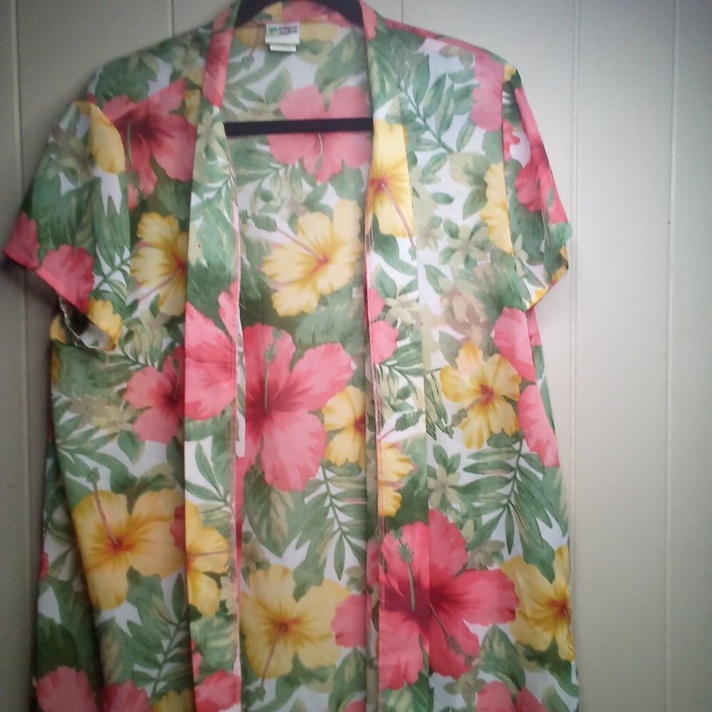 Calypso Coolers by Haband Open Front Blouse XL Sheer Floral Tropical Colorful